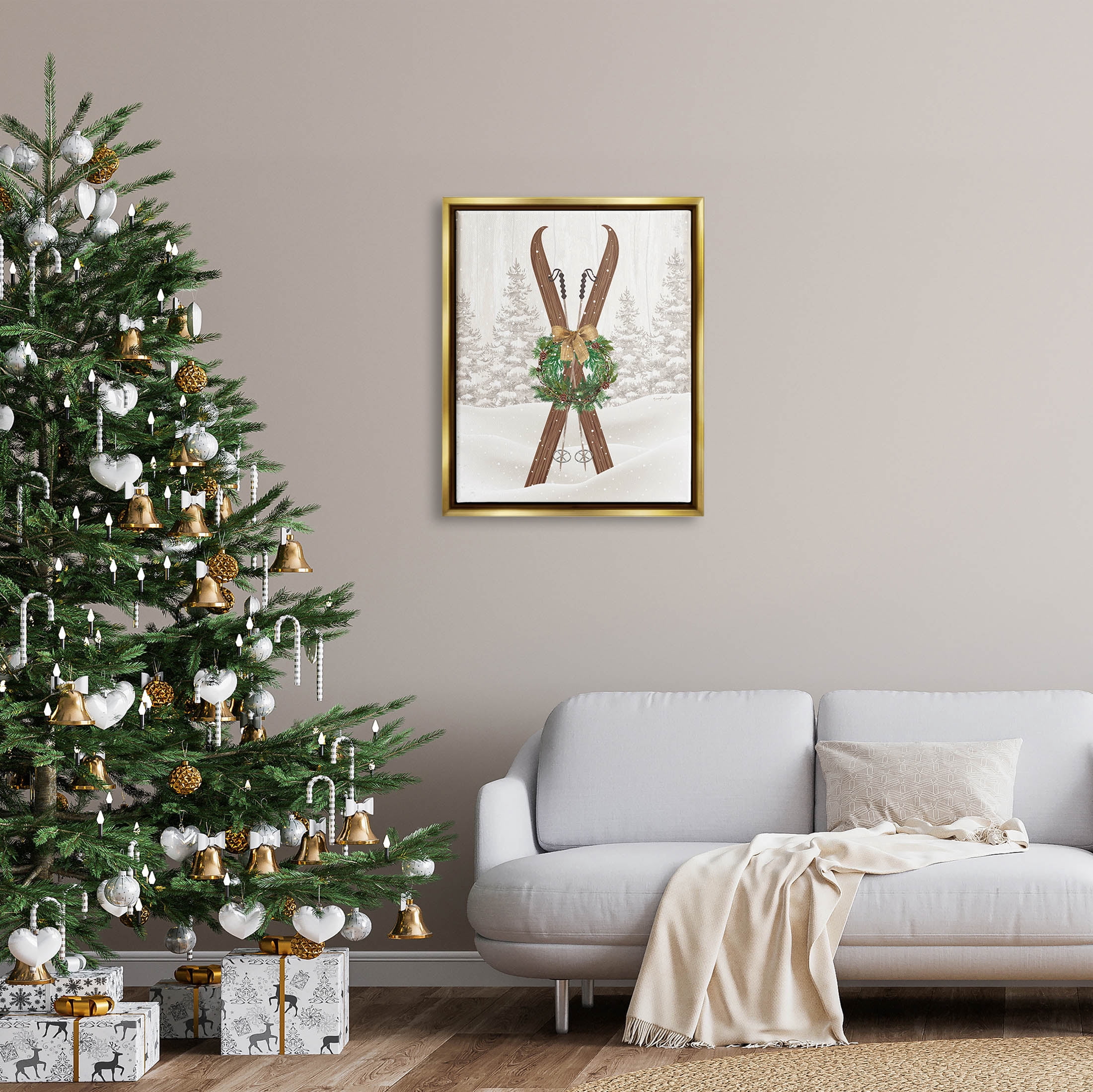 Stupell Industries Winter Skis Holiday Wreath Graphic Art Metallic Gold Floating Framed Canvas Print Wall Art, Design by Jennifer Pugh