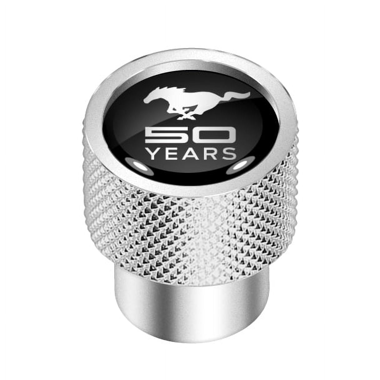 Ford Mustang 50 Years in Black on Silver Chrome Aluminum Tire Valve Stem Caps