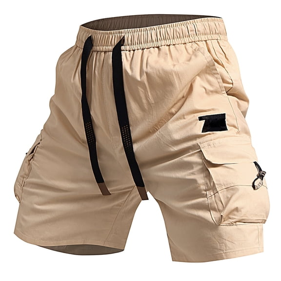 Fgvctg Mens Shorts Casual Elastic Waist Summer Hiking Beach Cargo Shorts Stretch Waistband Dressy Regular Fit Short Drawstring Workout Lightweight Pants with Pockets,Khaki,2XL