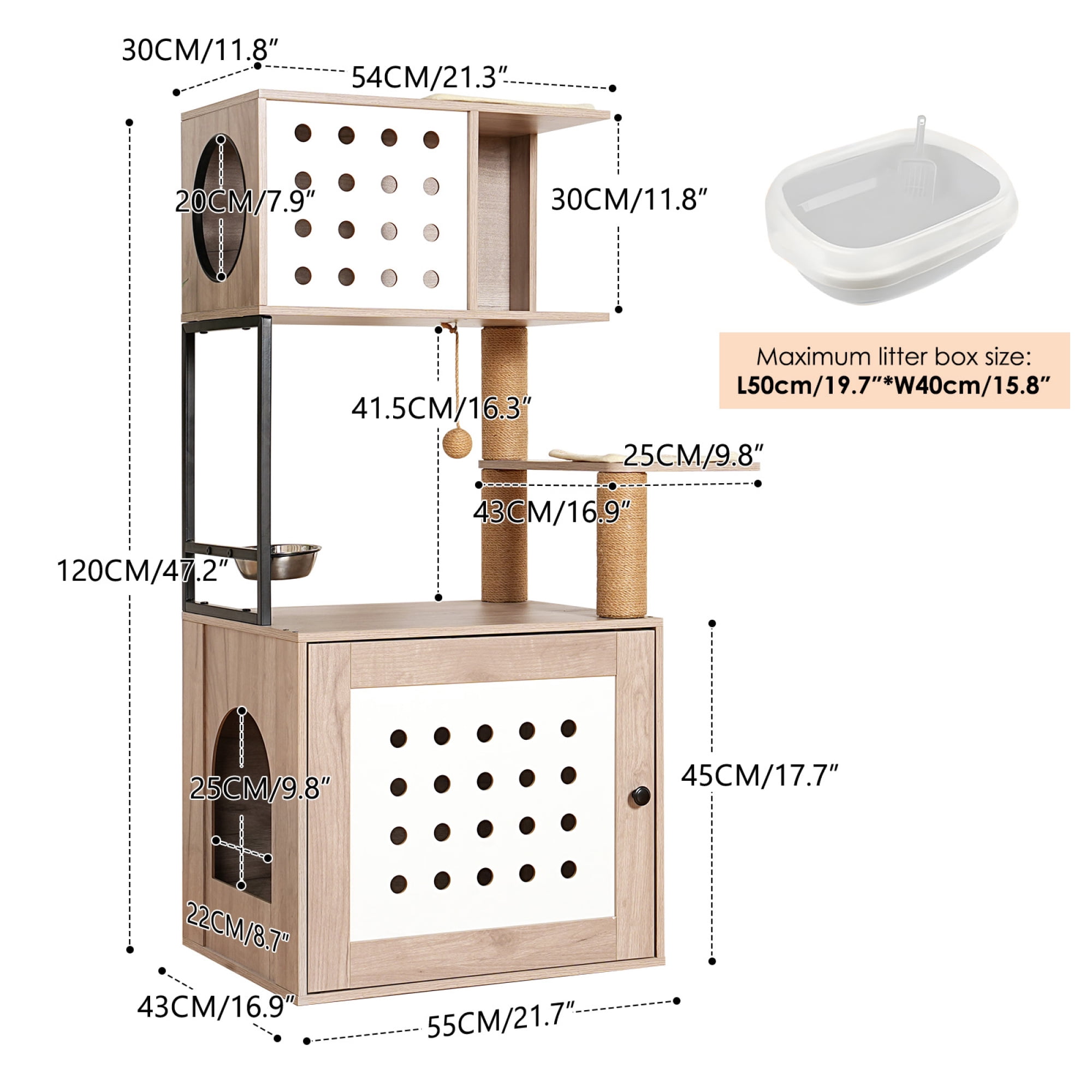 Leumius Cat Tree with Litter Box Enclosure, All-in-one Cat Tower for Indoor Cats with Large Hammock, Bed, Food Station, Scratching Posts, Modern Style Pet Furniture for Small Large Cats Gray+White