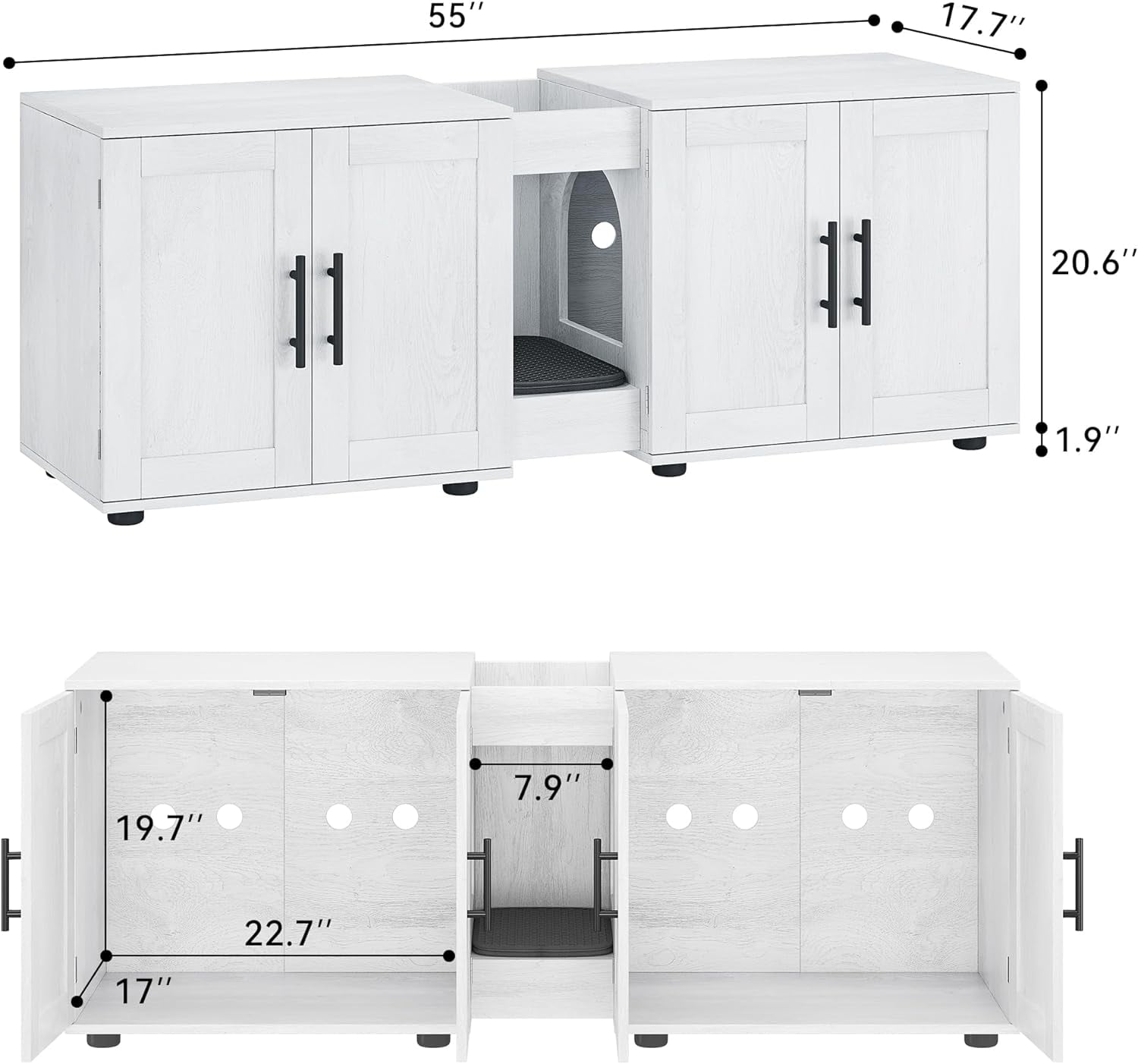 GAOMON 55" Wooden Litter Box Enclosure with Double Room, Hidden Cat Furniture for 2 Cats, Multi-Functional Cat House, TV Stand, Coffee Table, Vintage White