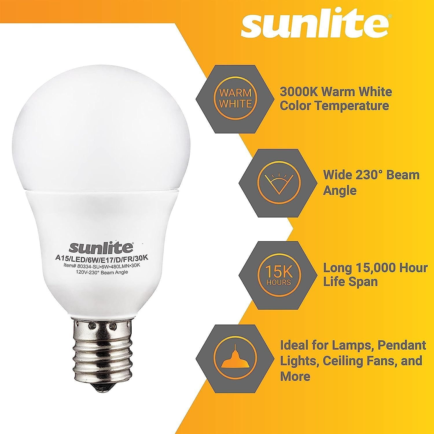Sunlite LED A15 Light Bulb, 6 Watts (40W Equivalent), Intermediate E17 Base, Dimmable,ETL Listed, 3000K Warm White, 6-Pack