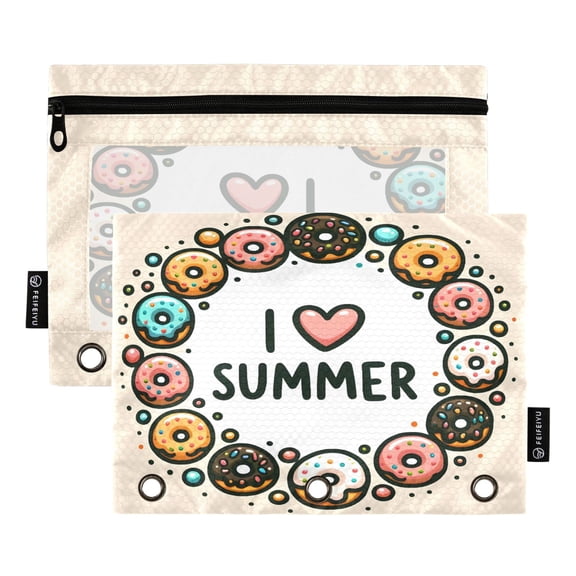 Cute Colorful Donuts 2 Pack Pencil Pouch for 3 Ring Binder Smooth Zipper Folders with Pockets Clear Window Pencil Case