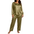 thumbnail image 3 of Women Plus Size Satin Pajama Set Sevevn Long Sleeve Crew Neck Top Wide Leg Pants Soft Sleep Loungewear For Daily Home Use, 3 of 9