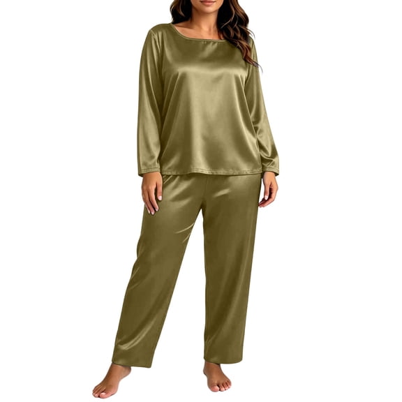 SHTXOZHI Women's Plus Size Satin Pajamas Set Long Sleeve Long Sleepwear Elastic Loose Loungewear Solid Color Homewear
