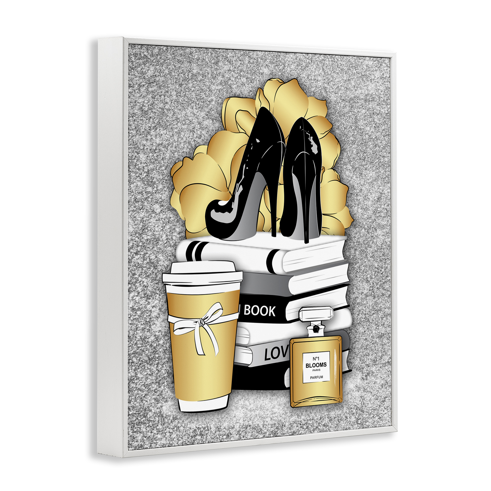 Stupell Industries Gold & Black Glam Books Beauty & Fashion Painting White Framed Art Print Wall Art, 11 x 14