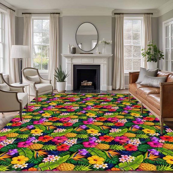 Colorful Flowers 8'x10' Area Rug for Living Room, Summer Tropical Plants Pineapple Floral Washable Non-Slip Large Carpet for Bedroom Dining Room, Non-Shedding Soft Accent Rug for Kitchen