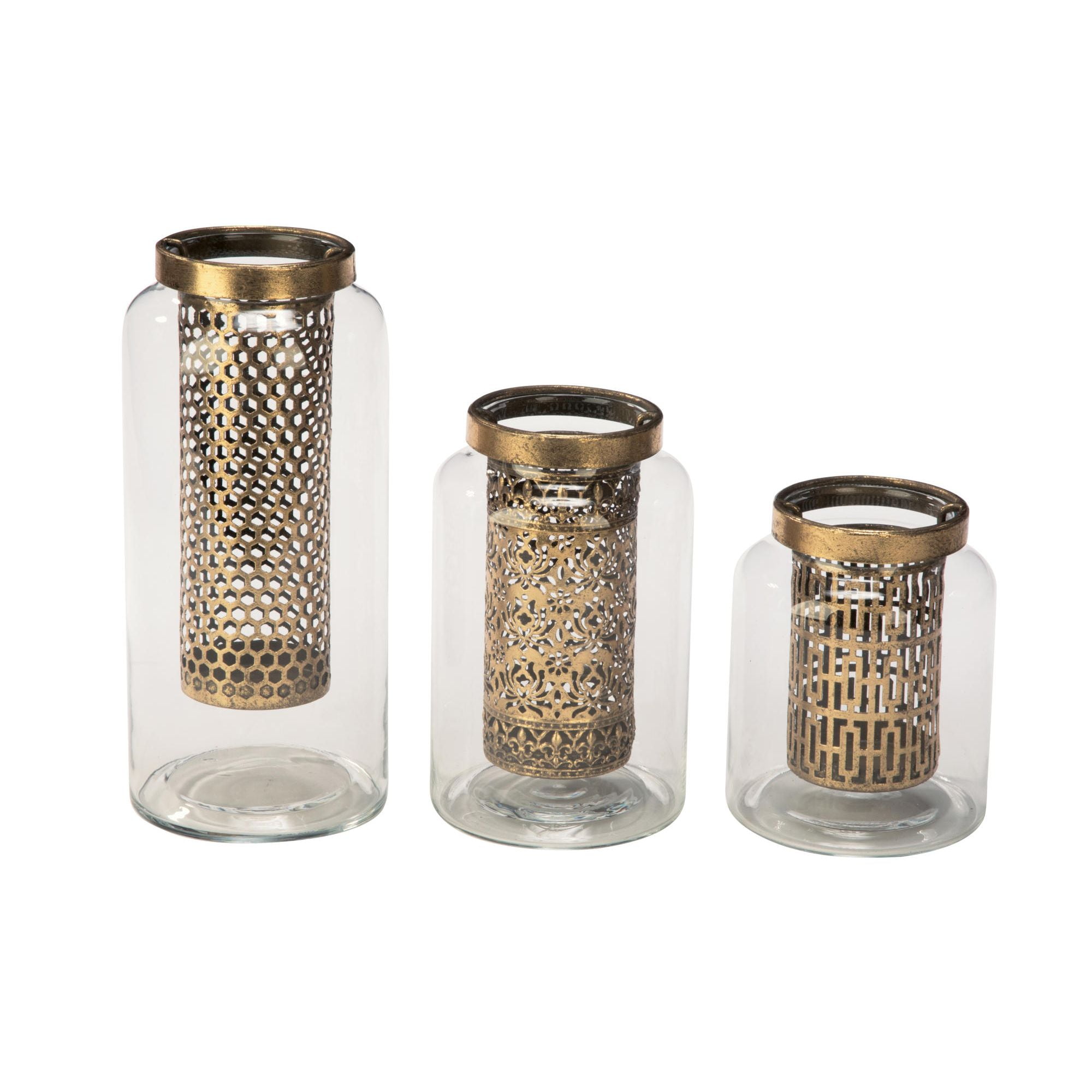 Set of 3 Clear and Gold Contemporary Glass Candle Holders 9.75