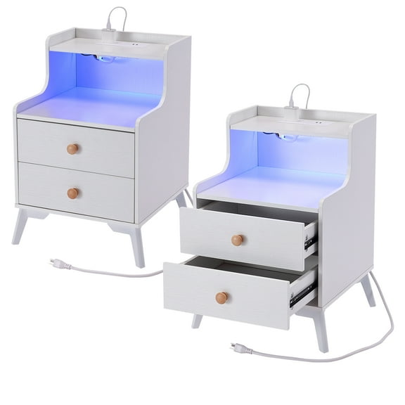 Yamissi Nightstands Set of 2, Night stands with Charging Station & 2 Drawer, Bed Side Tables with Solid Wood Feet, End Table, for Bedroom, Living Room, White