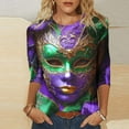 thumbnail image 2 of Penkiiy 2024 Blouse Mardi Gras Tops for Women Daily Tshirt 3/4 Sleeve Blouse Mask Print Top Carnival O Neck Casual Shirt 3XL Multicolor, 2 of 5