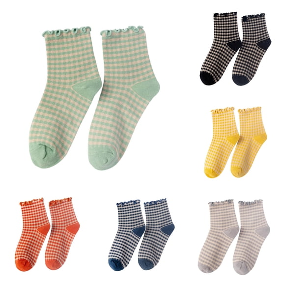 Xijirk Women Ruffle Plaid Crew Socks Soft Retro Gingham Check Mid Calf Socks for Daily Casual Wear Size:One Size