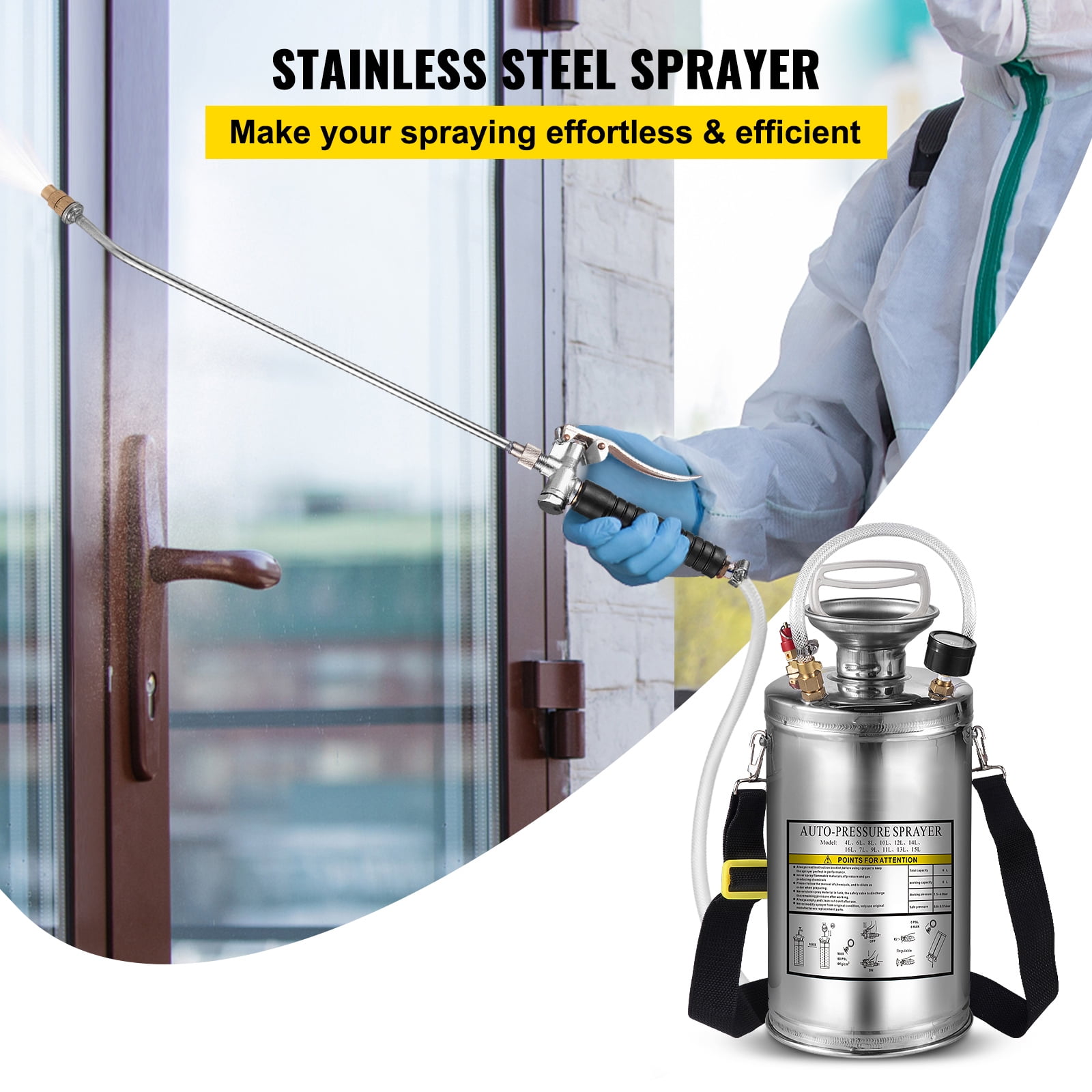 KFFKFF Stainless Steel Sprayer 1.5 Gallon Hand-Pump Sprayer with 3.3-inch Reinforced Hose Garden Sprayer for Home Gardening and Ground Cleaning