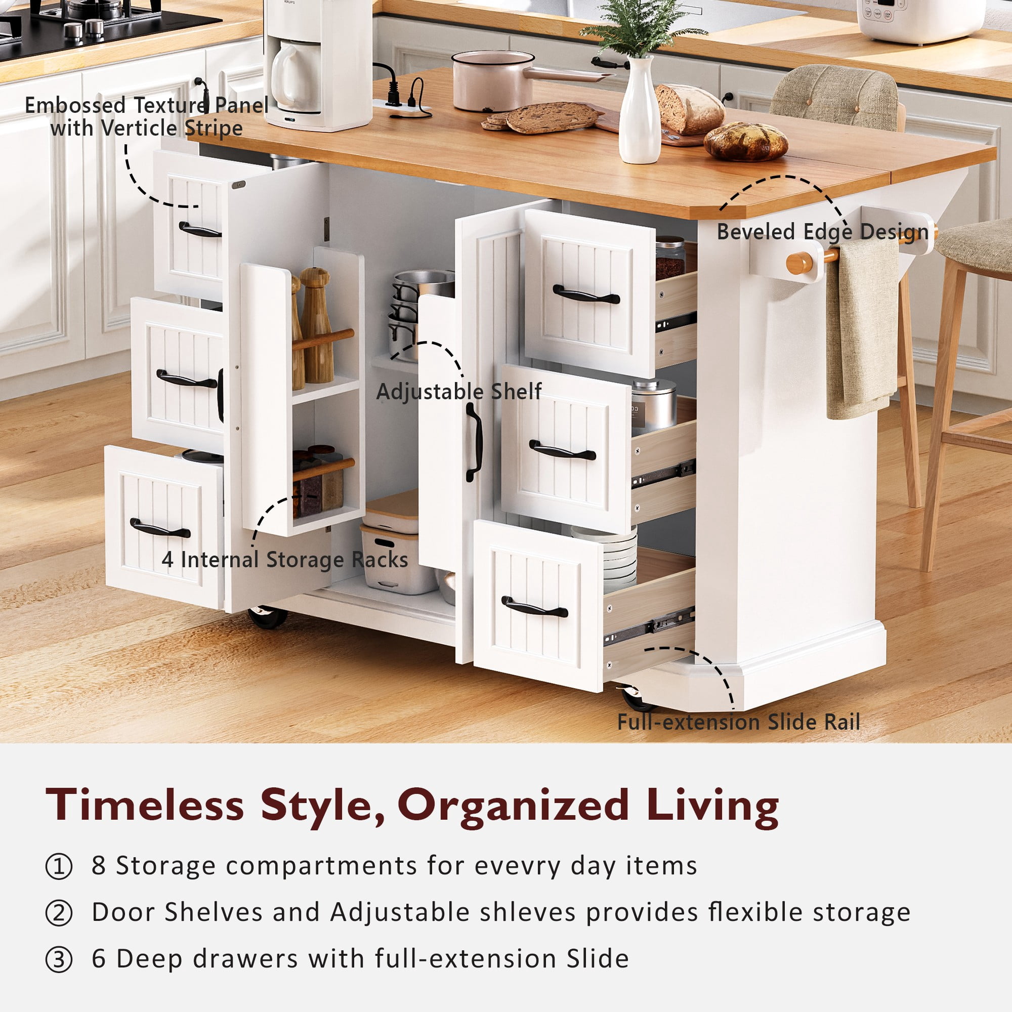 DTTRA 56" Kitchen Island with Drop Leaf & Power Outlet, Rolling Kitchen Cart on Wheels with 6 Drawers, 4-Door Shelves & Rubber Wood Top, Mobile Storage Cabinet for Kitchen & Dining Room, White