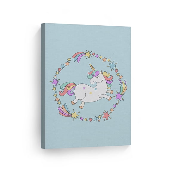 Smile Art Design Cute Unicorn Wall Decor Unicorn Gift Rainbow Circle Blue Background Canvas Wall Art Print Kids Room Decor Baby Room Decor Nursery Decor Ready to Hang Made in the USA- 36x24