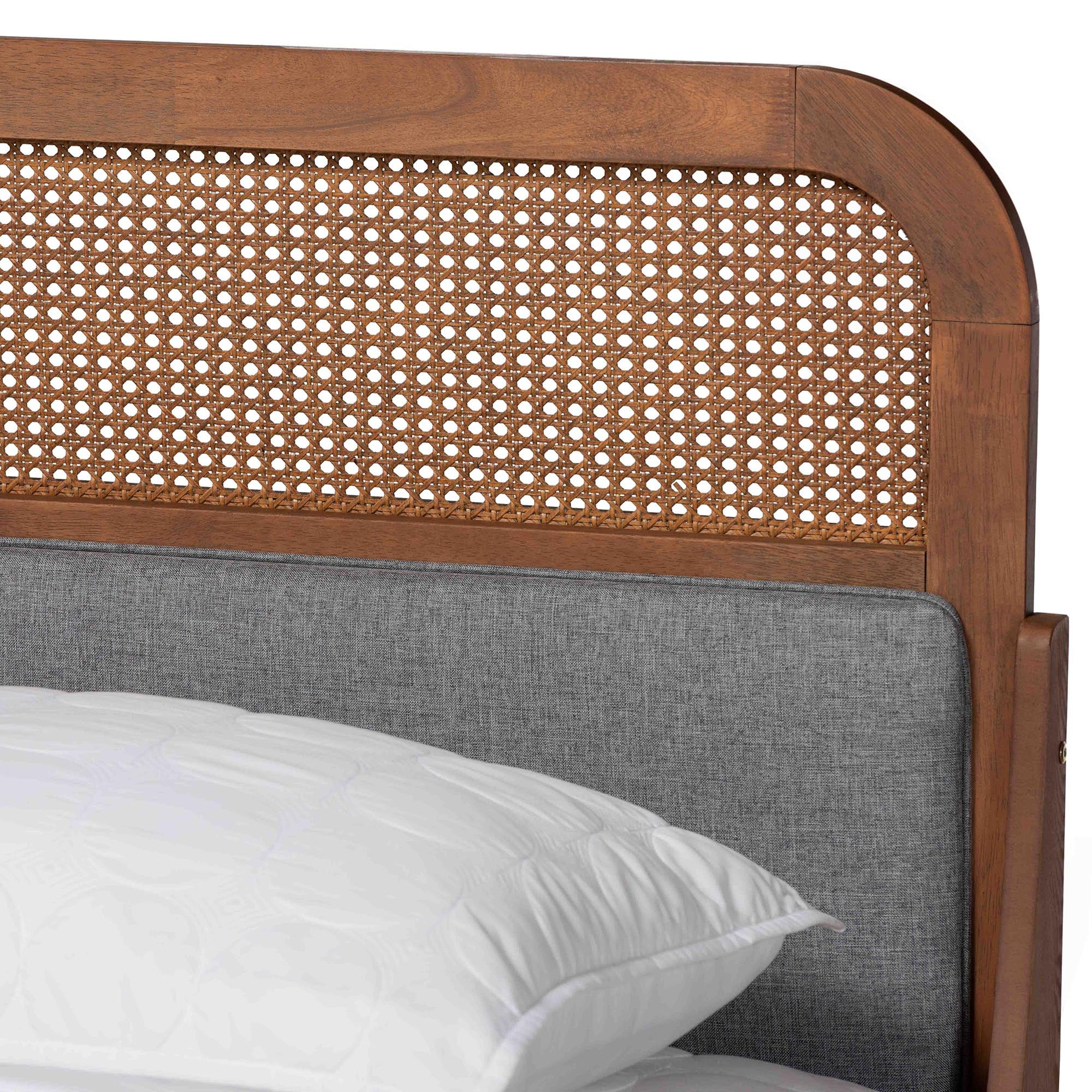 Baxton Studio Irina Mid-Century Modern Grey Fabric and Ash Walnut Finished Wood Queen Size Platform Bed