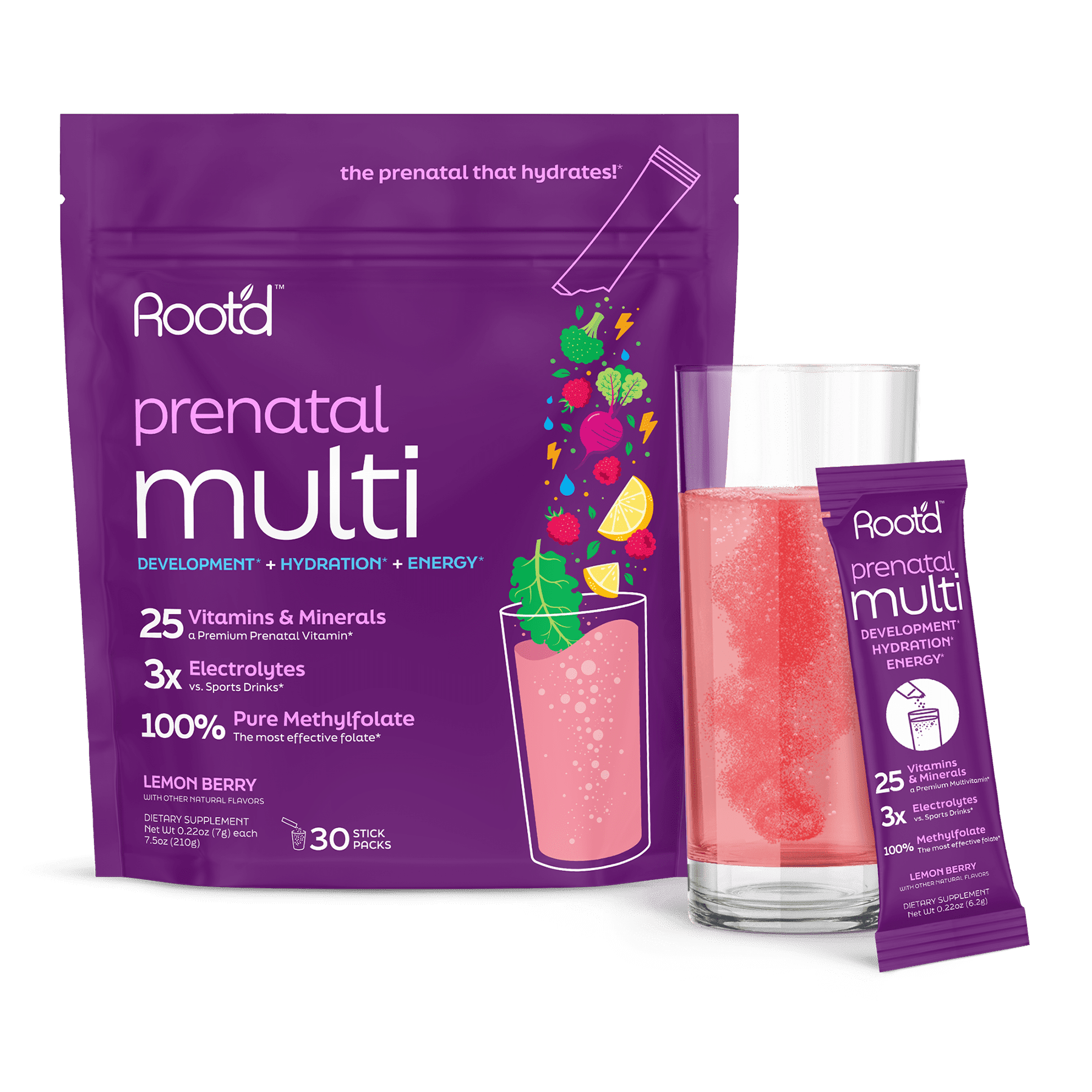 Root'd Prenatal Multivitamin Powder - 25 Vitamins & Minerals with 3x Electrolytes, Folate, Iron, D3 for Mom & Baby, 7 Superfood & Probiotics, Sugar-Free Vitamins & Hydration | 30 Vitamin Drink Packet