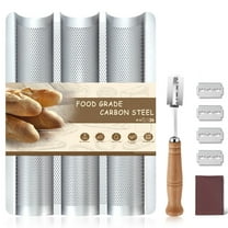Mirdinner Baguette Bread Pan Set, 3 Loaves Non-Stick French Bread Pan, Baguette Baking Pan with Bread Lame, Home Baking Tools Kit for Homemade Bread, 10.6"x15" Perforated Baguette Tray, Silver