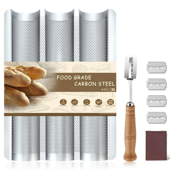 Mirdinner Baguette Bread Pan Set, 3 Loaves Non-Stick French Bread Pan, Baguette Baking Pan with Bread Lame, Home Baking Tools Kit for Homemade Bread, 10.6"x15" Perforated Baguette Tray, Silver