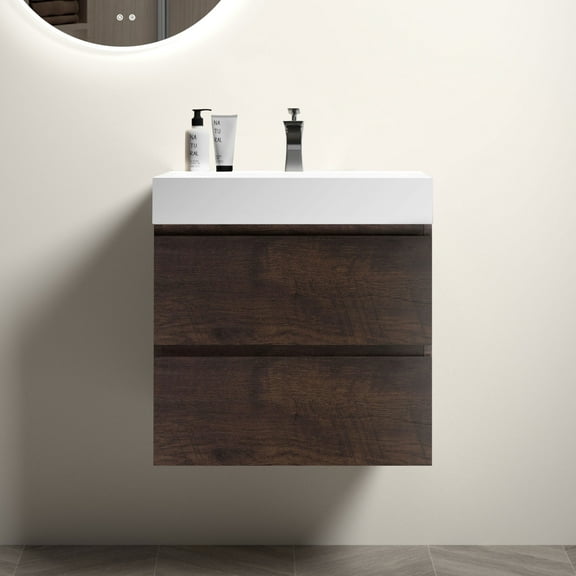 24" Pre-assembled Bathroom Vanity with Sink, Large Storage Wall Mounted Floating Bathroom Vanity for Modern Bathroom, One-Piece White Sink Basin Without Drain and Faucet, White   Walnut