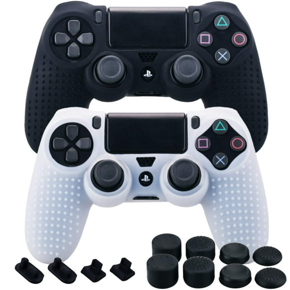 IBAOLEA Silicone Rubber Cover Skin Case X 2 Anti-Slip Studded Dots Customize for PS4/SLIM/PRO Controller x 1(Black & Clear) + FPS PRO Stick Cover Thumb Grips x 8 + Dustproof Plug x 4 dots black+white