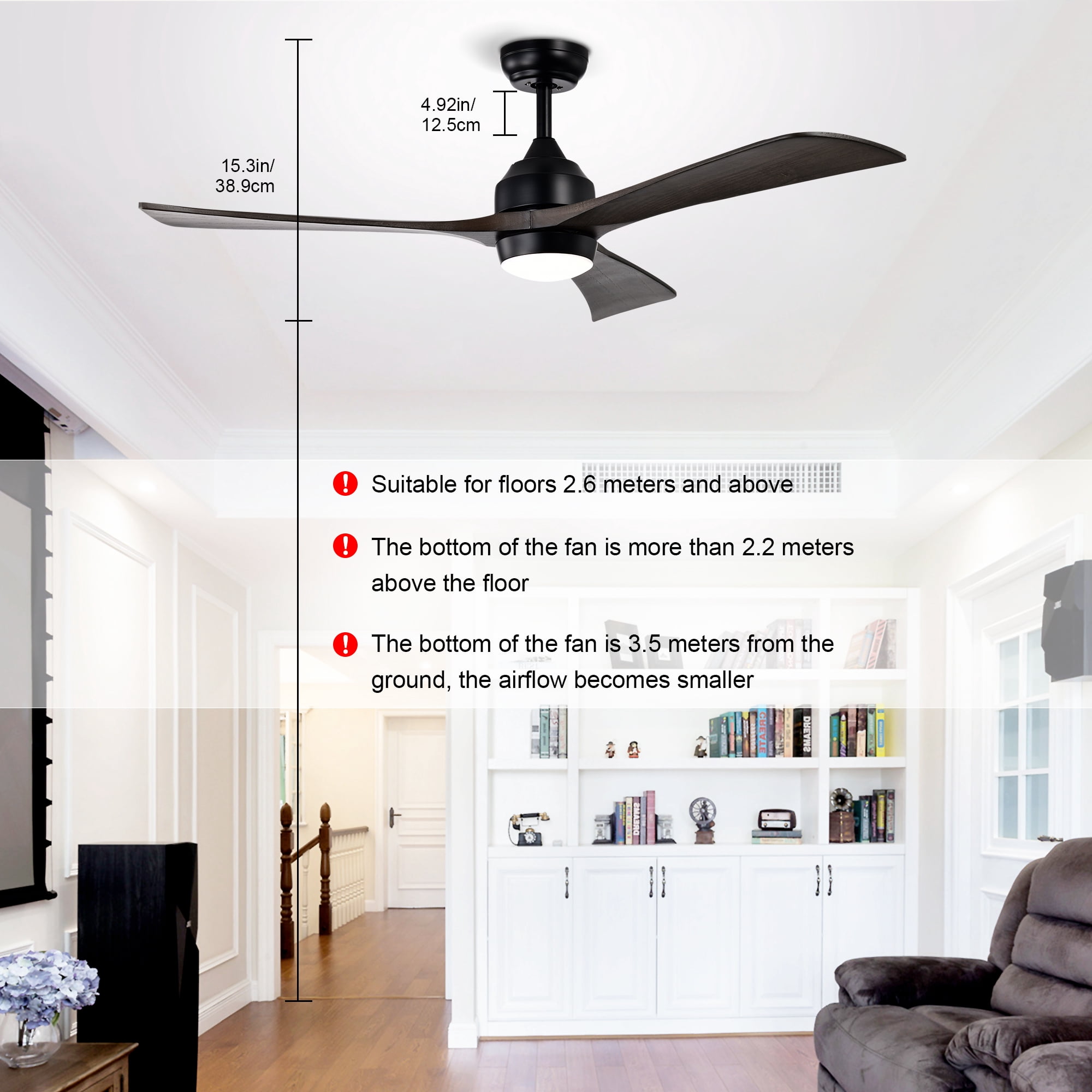 Ceiling Fan with Light, 52 Inch Solid Wood Blade Quiet Fan for Home Office Living Room, Matte Black
