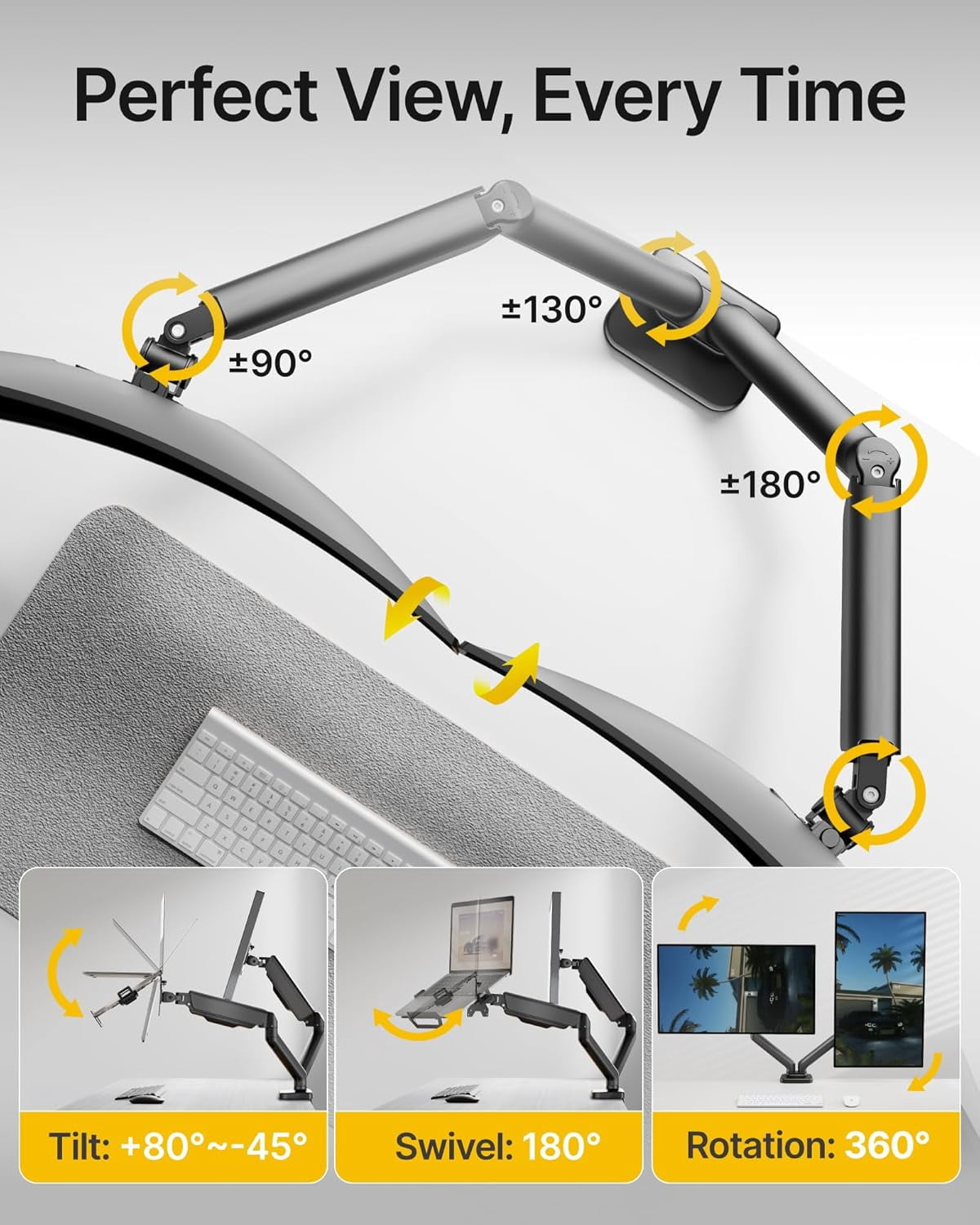 monTEK Monitor and Laptop Mount for 17"-32" Screens & 12"-18" Laptops, Dual Monitor Arm with Adjustable Laptop Tray, Full Motion Desk Mount with Clamp/Grommet Base, VESA 75x75/100x100, Black