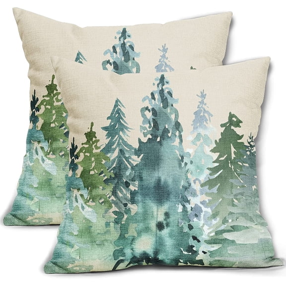 Watercolor Blue Green Tree Pillow Covers 18x18 Set of 2 Rustic Style Nature Forest Print Decorative Throw Pillows Winter Christmas Square Linen Cushion Case for Home Sofa Couch Bed Outdoor