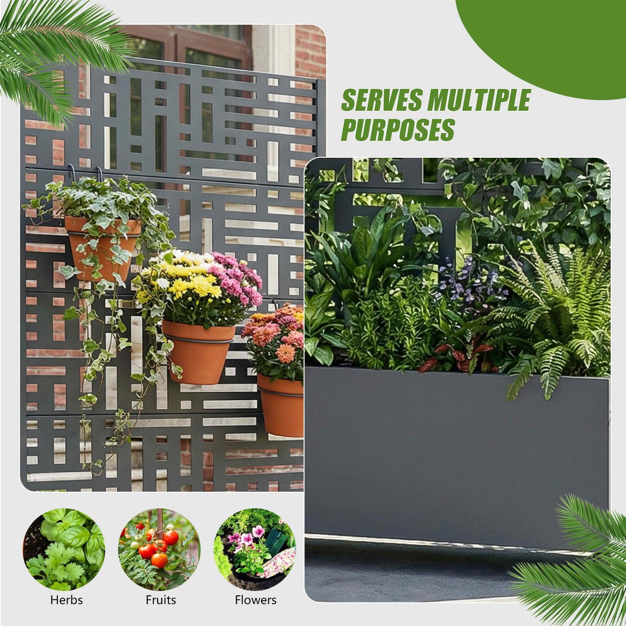 MAYEERTY 72X35" Metal Outdoor Cambrian Gray Privacy Screen with Planter Box for Backyard & Garden, 5 Piece Set