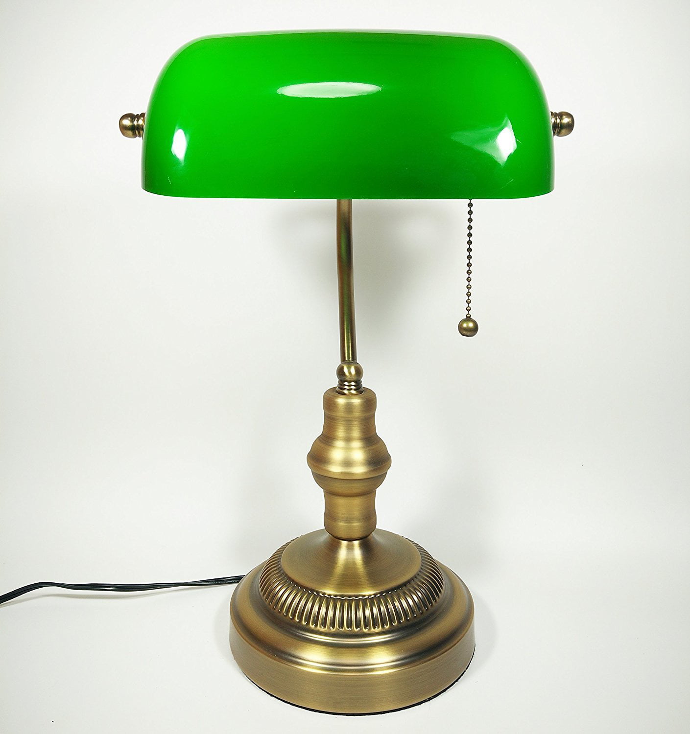 Bankers Lamp, Brass Base, Handmade Green Glass Shade, Antique Style