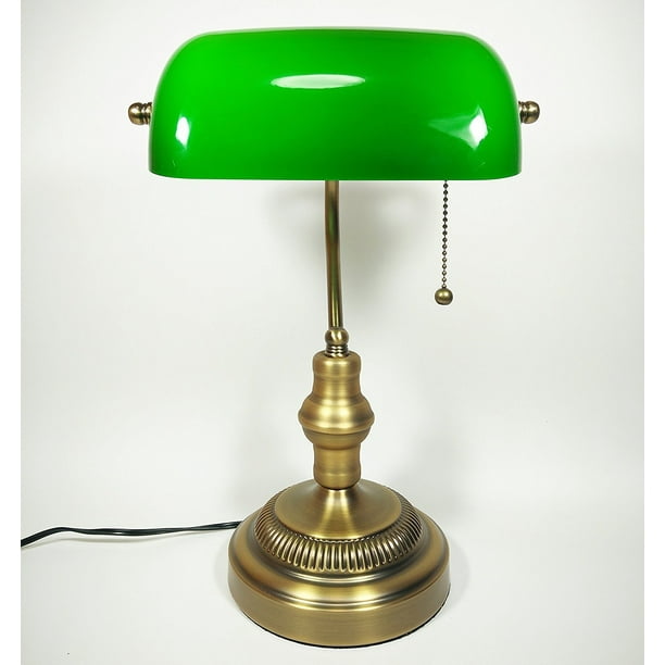 Bankers Lamp, Brass Base, Handmade Green Glass Shade, Antique Style