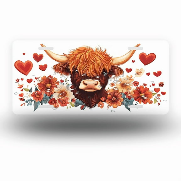 License Plate,Highland Cow with Hearts and Flowers Decorative Front,Personalized Stainless Steel License Plate Cover For Men Women,12.2" X 6.2"