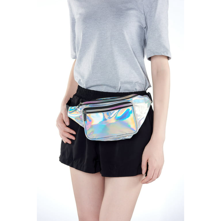  Blue Holographic Fanny Pack– 80S 90S Clothing Accessories  Fashion Rave Waist Bag with Adjustable Belt for Women and Men -Shiny Neon  Blue