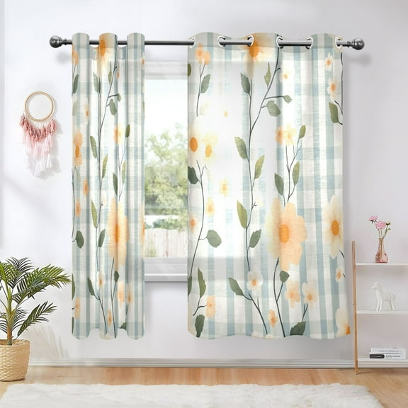 Sheer Curtains Grommet Drapes Window Treatments Light Filtering for Bedroom Living Room 2 Panels 42" x 63" Peach Floral with Gingham