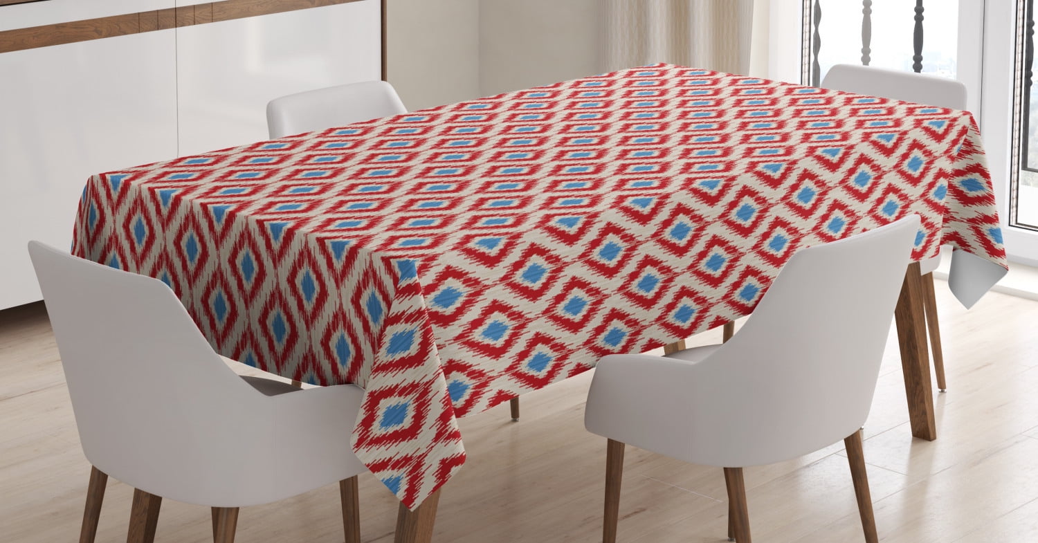 Ikat Tablecloth, Revival Pattern Classical Diamond Line Pattern with
