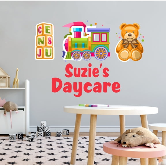 KIDS DAYCARE - Nursery Vinyl Art Removable Personalized Name Child Care Decoration Multicolored Teddy Bear Train Alphabet Cubed Toys Wall Decal Sticker 40" x 28"