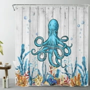 HVEST Funny Blue Octopus Shower Curtain for Bathroom Colorful Coral and Seagrass Underwater World Bathroom Shower Curtains with Hooks, Farmhouse Grey Plank Bathroom Curtains Shower Set 72x78 inch