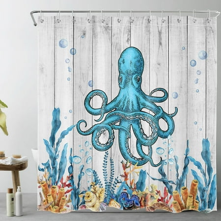 HVEST Funny Blue Octopus Shower Curtain for Bathroom Colorful Coral and Seagrass Underwater World Bathroom Shower Curtains with Hooks, Farmhouse Grey Plank Bathroom Curtains Shower Set 69x70 inch