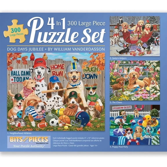 Bits and Pieces 4-in-1 Dog Days Jubilee 300-Piece Jigsaw Puzzle Set for Adults — Four 16" x 20" Puzzles by William Vanderdasson