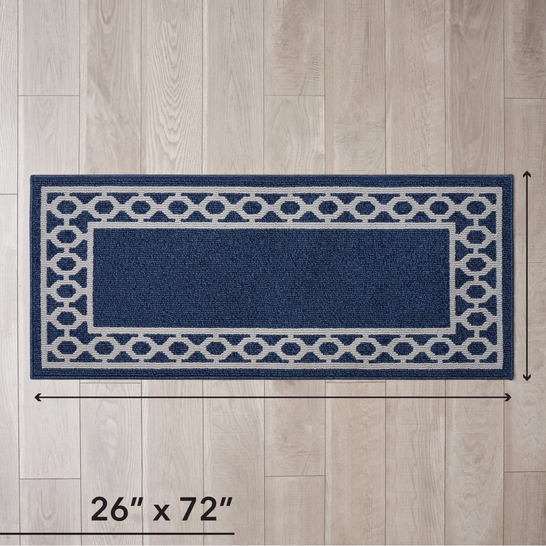 Washable Skid-Resistant Runner Rug, Trellis Border , Denim Twist and Light Grey , 26" x 72"