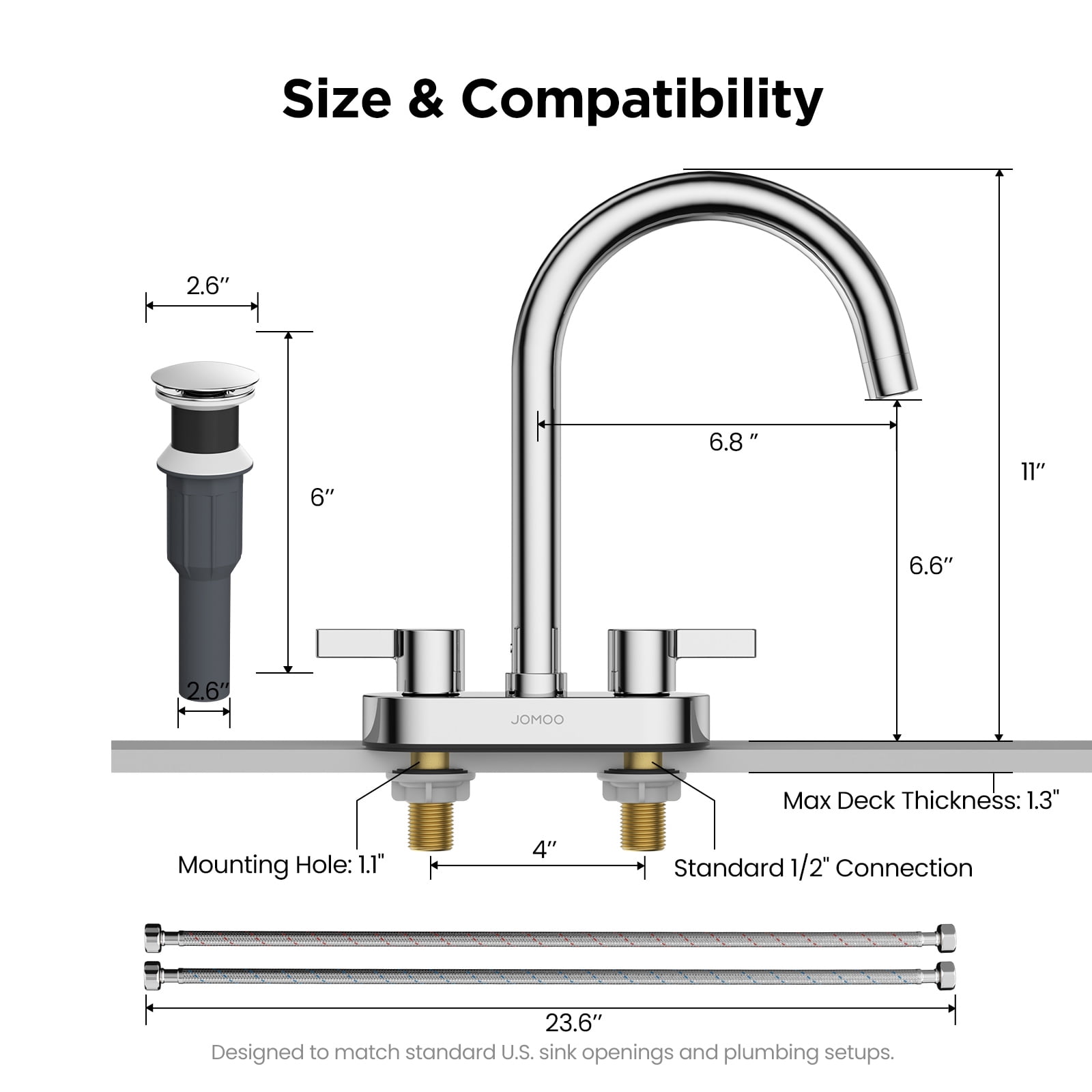 JOMOO 2-Handle Bathroom Sink Faucet, Safe Lead-Free Faucet with Pop-Up Drain Stopper & Supply Hoses, Fits Vanity, Bar Sink, RV
