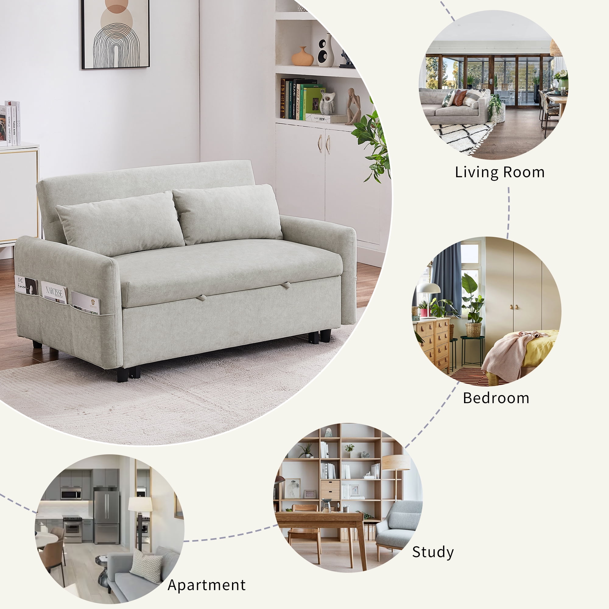 DEALTOPS 55.1" Sofa Bed with Pull Out Sofa Bed Sleeper Sofa Couch Adjsutable Backrest Loveseats Couches for Living Room - Beige