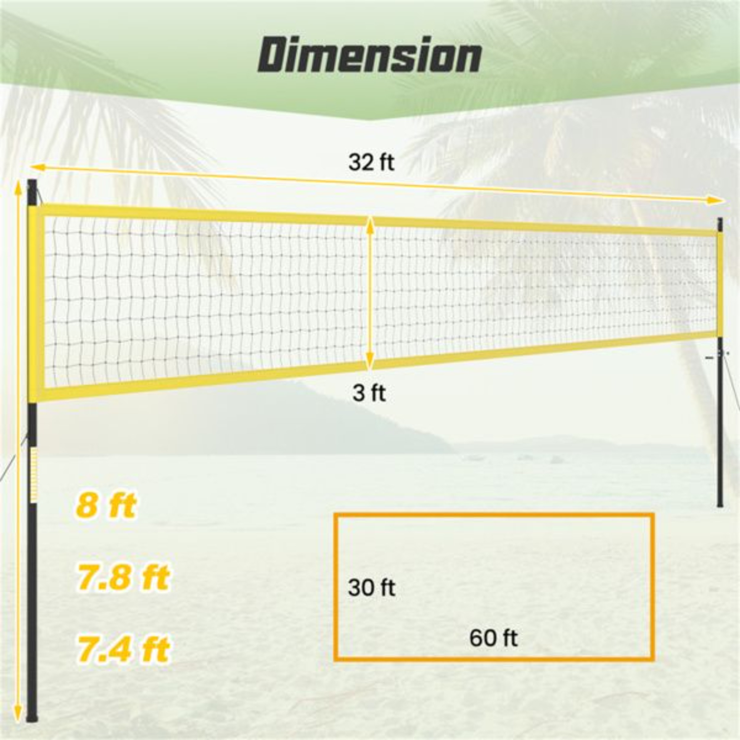 Yellow 32-foot X 3-foot Volleyball Net Set, with Three-level Adjustable Pole, Anti-sag Pulley, Easy To Carry, Stable and Durable, with Storage Bag, Suitable for Backyard and Beach.