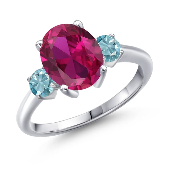 Gem Stone King 4.00 Ct Oval Red Created Ruby Blue Zircon 925 Sterling Silver Ring (Size 9)