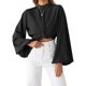 thumbnail image 3 of VISgogo Blusa Femenina, Tops Cortos Anudados de Manga Larga con Cuello Redondo de Color Sólido para Damas, Verde/Negro/Albaricoque, S/M/L/XL VISgogo  moda, 3 of 8