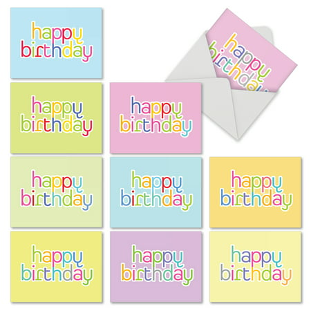 M6572BDB HIPSTER BIRTHDAY' 10 Assorted Birthday Note Cards Featuring Bold and Bright Birthday Sentiments on Spring Pastel Backgrounds with Envelopes by The Best Card