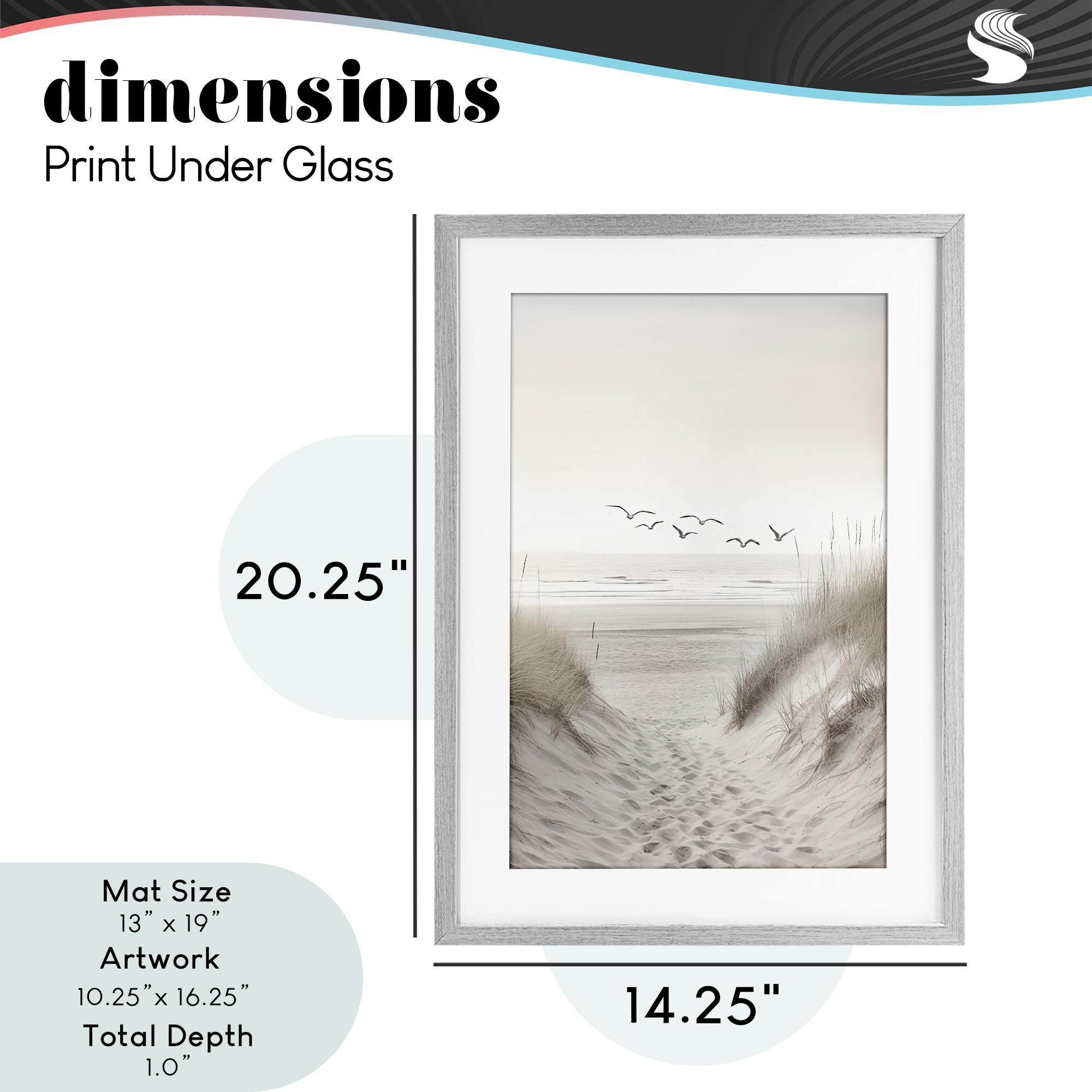 Seagulls over Sandy Footprints Gray Framed Print Under Glass, design by Decent Exposures