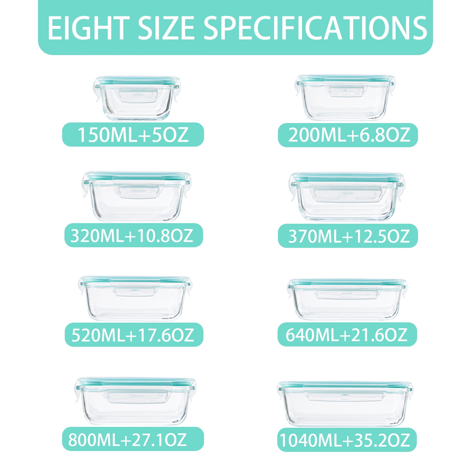 Asnews 8Pack Glass Food Storage Containers Set, Glass Meal Prep Containers with Lids, Airtight Bento Boxes, for Microwave, Oven, Freezer and Dishwasher Safe, Blue