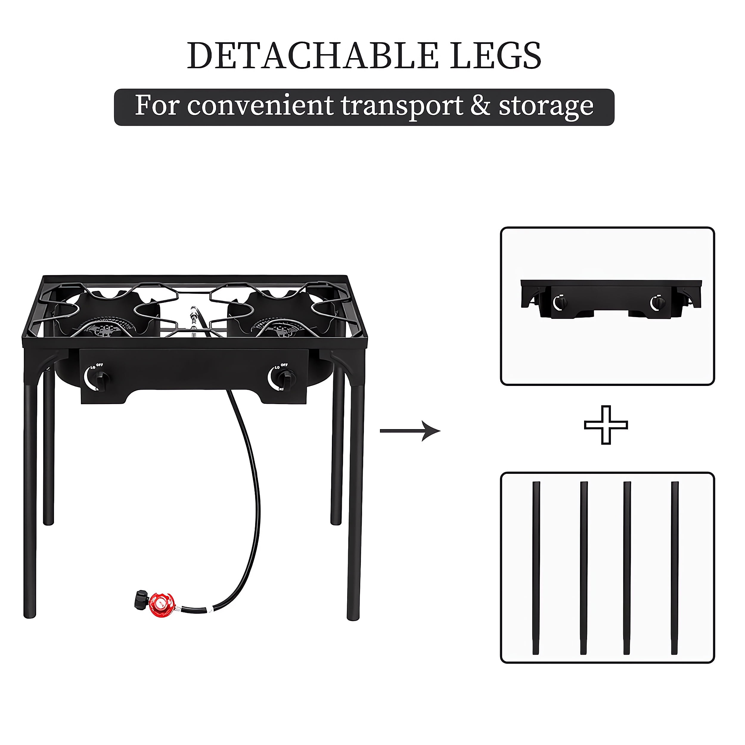150,000 BTU Double Burner Propane Stove, Heavy-Duty Outdoor Portable Camp Stove with 4ft Steel Braided Hose and Removable Legs for Camping, Hunting, Backyard Bbq Cookouts