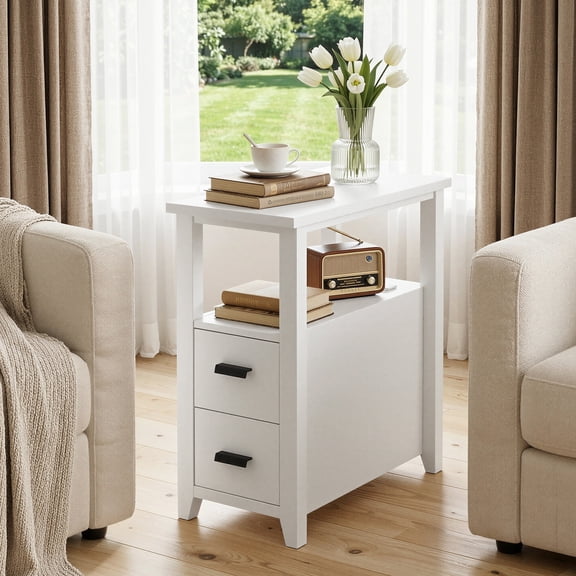 Pikvki End Table with Charging Station, Nightstand with 2 Drawers for Living Room, Bedroom, White
