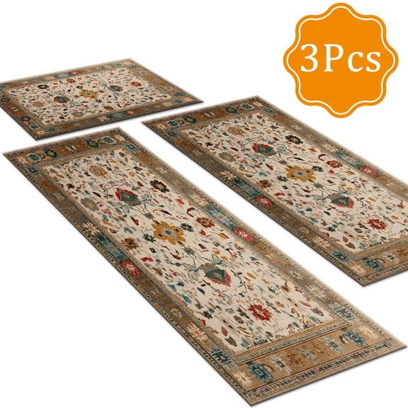 BlueDreamer Kitchen Rugs 3Pcs, Non Slip Kitchen Mats for Floor Waterproof & Stain Resistant Carpet Area Rug for Kitchen, Laundry Room, Hallway